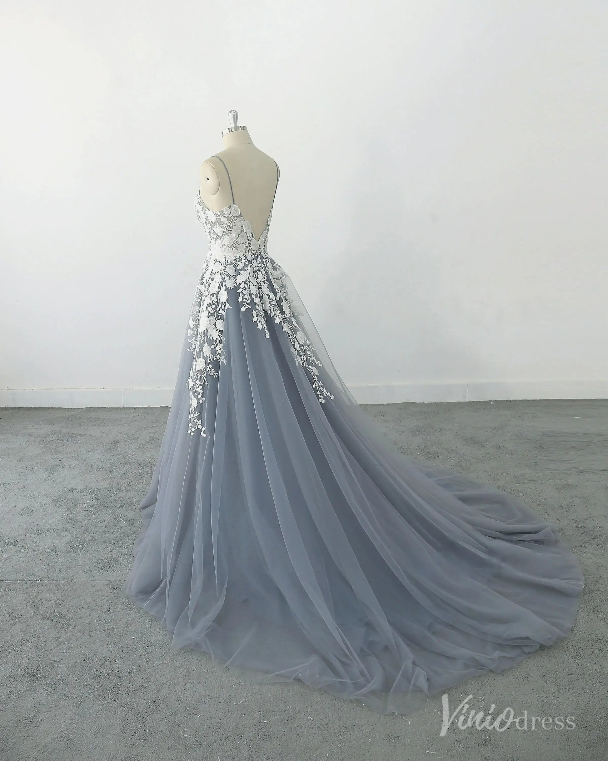 Romantic Dusty Blue Lace Wedding Dress with Spaghetti Straps, Floral Appliqués & Chapel Train – FW232-wedding dresses 2025 -Viniodress-Dusty Blue-Custom Size-