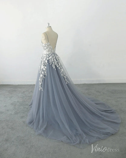 Romantic Dusty Blue Lace Wedding Dress with Spaghetti Straps, Floral Appliqués & Chapel Train – FW232-wedding dresses 2025 -Viniodress-Dusty Blue-Custom Size-