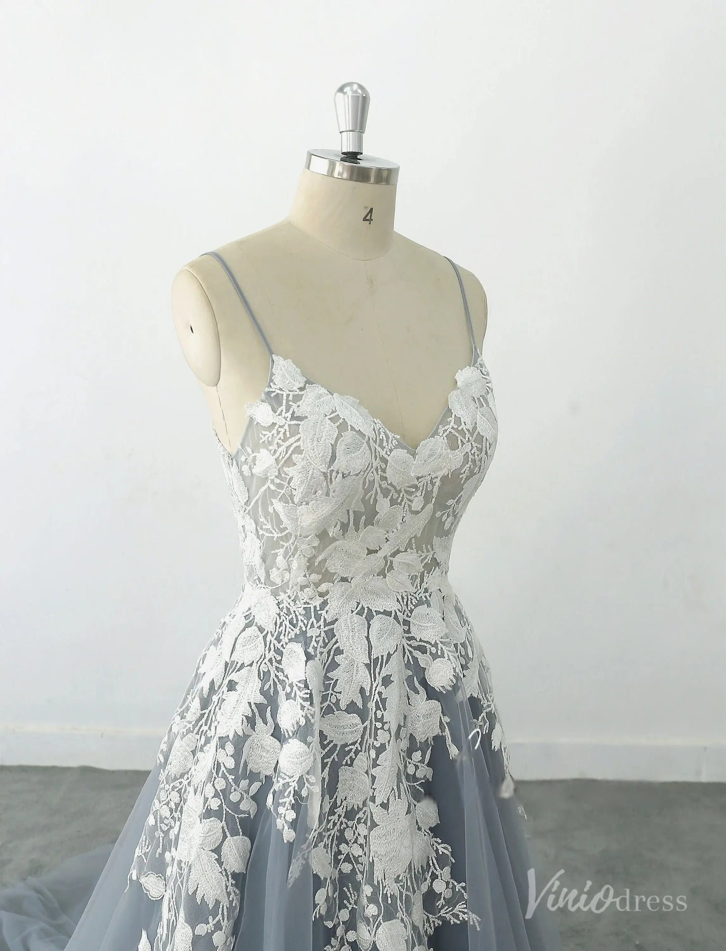 Romantic Dusty Blue Lace Wedding Dress with Spaghetti Straps, Floral Appliqués & Chapel Train – FW232-wedding dresses 2025 -Viniodress-Dusty Blue-Custom Size-