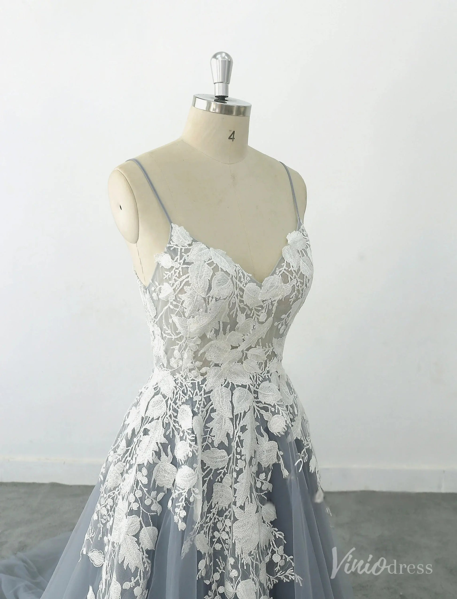 Romantic Dusty Blue Lace Wedding Dress with Spaghetti Straps, Floral Appliqués & Chapel Train – FW232-wedding dresses 2025 -Viniodress-Dusty Blue-Custom Size-