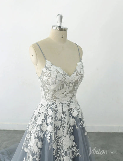 Romantic Dusty Blue Lace Wedding Dress with Spaghetti Straps, Floral Appliqués & Chapel Train – FW232-wedding dresses 2025 -Viniodress-Dusty Blue-Custom Size-