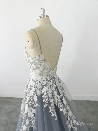 Romantic Dusty Blue Lace Wedding Dress with Spaghetti Straps, Floral Appliqués & Chapel Train – FW232-wedding dresses 2025 -Viniodress-Dusty Blue-Custom Size-
