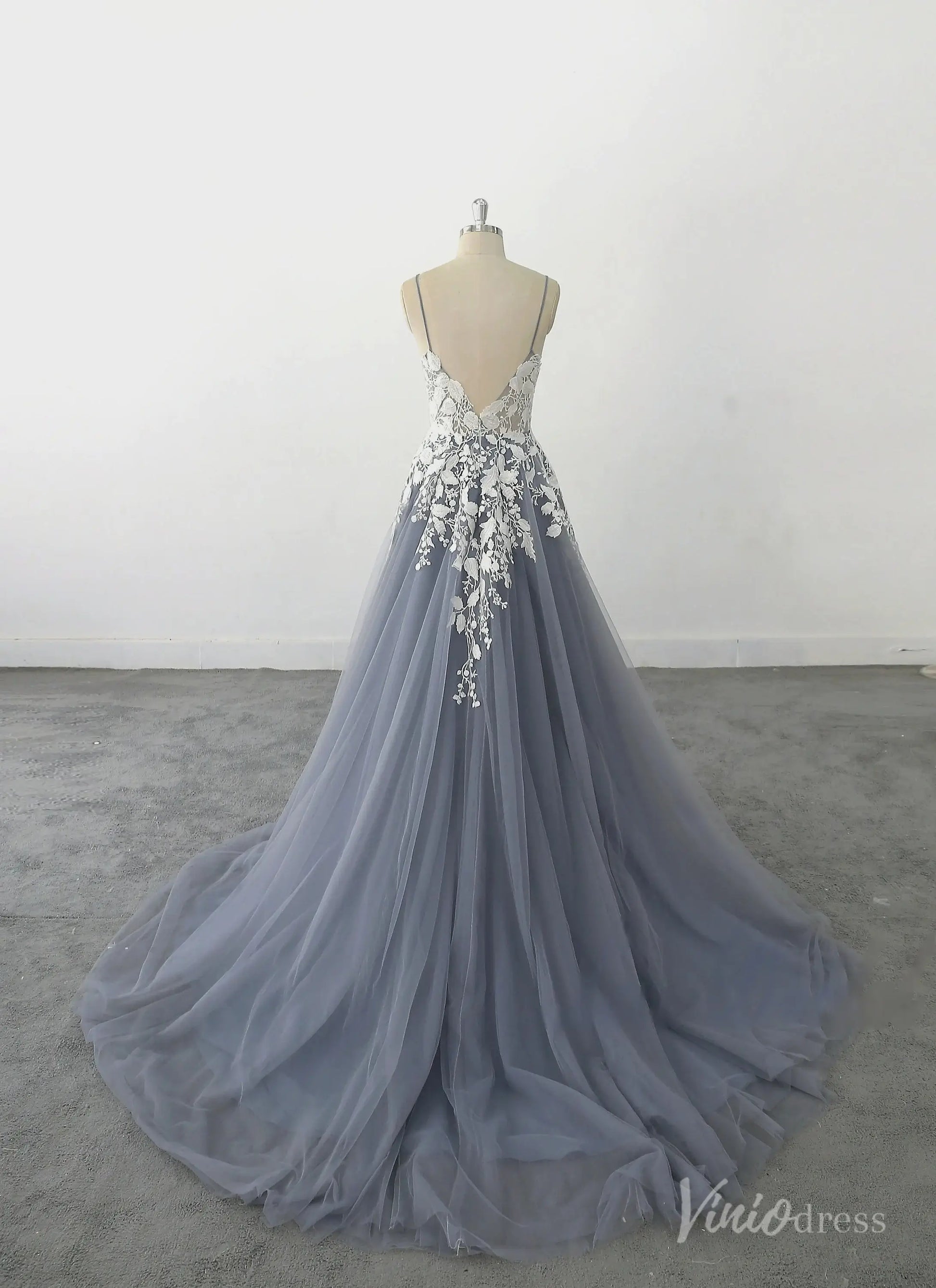 Romantic Dusty Blue Lace Wedding Dress with Spaghetti Straps, Floral Appliqués & Chapel Train – FW232-wedding dresses 2025 -Viniodress-Dusty Blue-Custom Size-