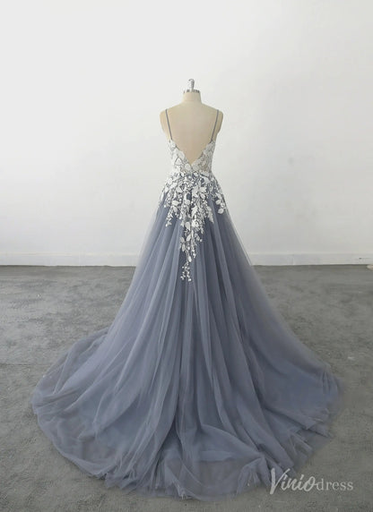 Romantic Dusty Blue Lace Wedding Dress with Spaghetti Straps, Floral Appliqués & Chapel Train – FW232-wedding dresses 2025 -Viniodress-Dusty Blue-Custom Size-