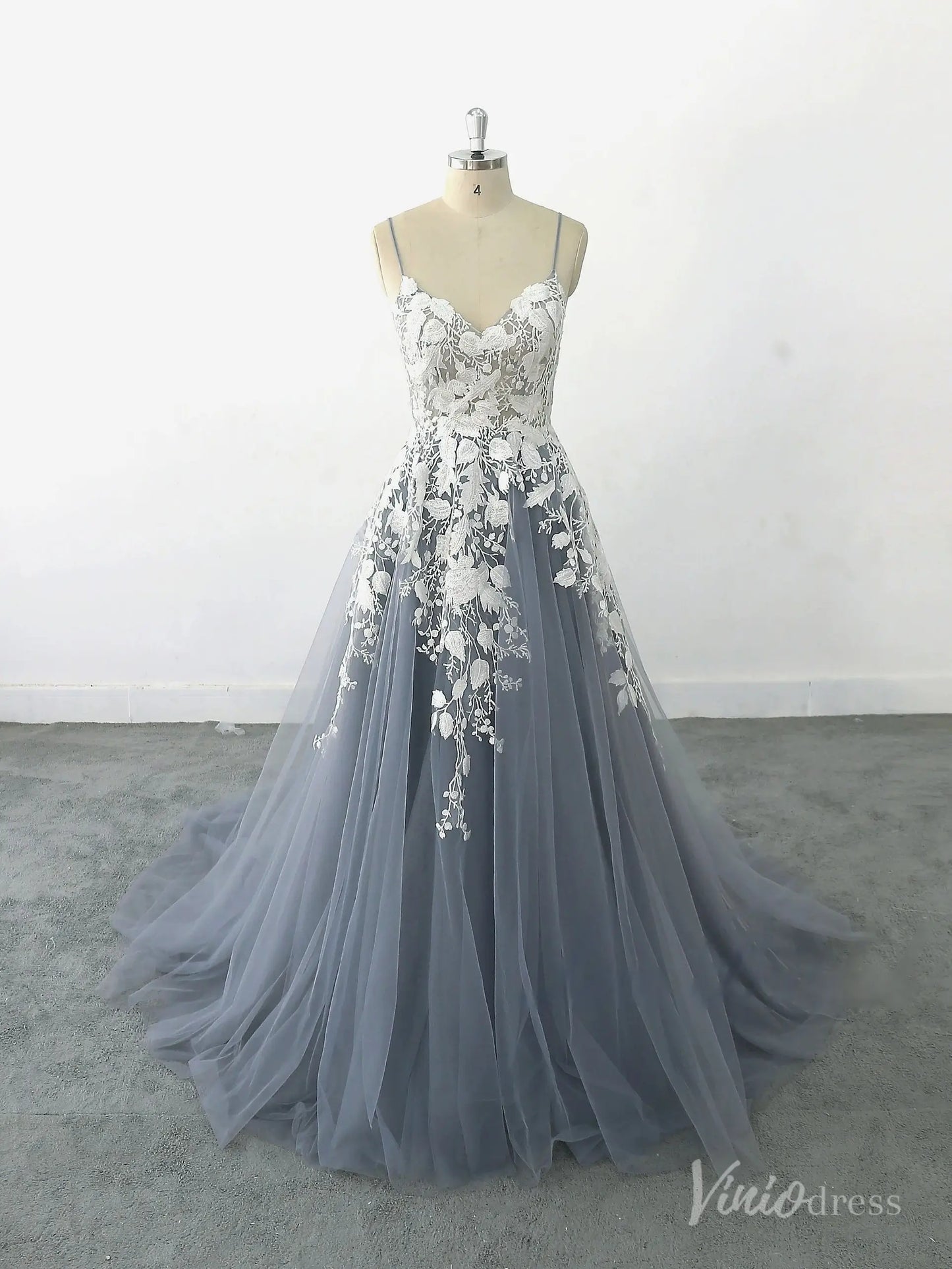 Romantic Dusty Blue Lace Wedding Dress with Spaghetti Straps, Floral Appliqués & Chapel Train – FW232-wedding dresses 2025 -Viniodress-Dusty Blue-Custom Size-