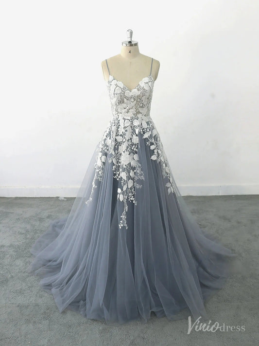 Romantic Dusty Blue Lace Wedding Dress with Spaghetti Straps, Floral Appliqués & Chapel Train – FW232-wedding dresses 2025 -Viniodress-Dusty Blue-Custom Size-