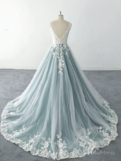 Romantic Dusty Blue Wedding Dress with Floral Lace Appliques, V-Neck Bodice, and Scalloped Lace Hem – FW219-wedding dresses 2025 -Viniodress-Dusty Blue-Custom Size-