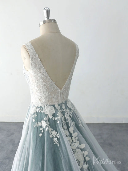 Romantic Dusty Blue Wedding Dress with Floral Lace Appliques and V-Neck FW219 Viniodress Romantic Dusty Blue Wedding Dress with Floral Lace Appliques and V-Neck FW219 Viniodress