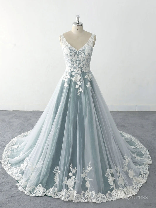 Romantic Dusty Blue Wedding Dress with Floral Lace Appliques, V-Neck Bodice, and Scalloped Lace Hem – FW219-wedding dresses 2025 -Viniodress-Dusty Blue-Custom Size-