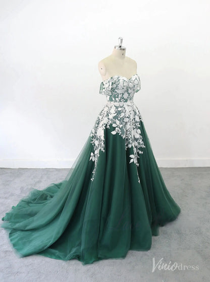 Romantic Emerald Green Wedding Dress with Off-Shoulder Lace Appliqués, Sweetheart Neckline & Chapel Train – FW236-wedding dresses 2025 -Viniodress-Emerald-Custom Size-