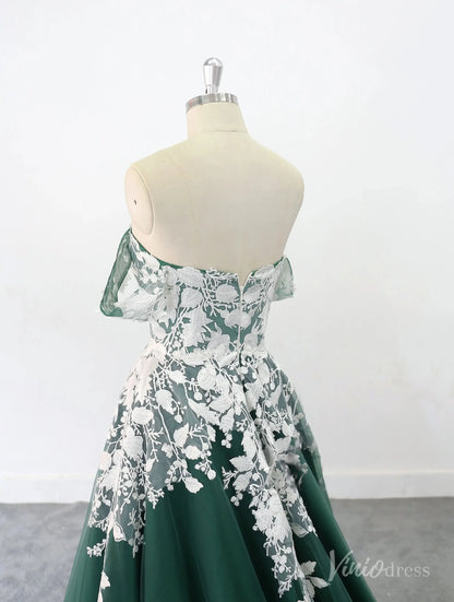 Romantic Emerald Green Wedding Dress with Off-Shoulder Lace Appliqués, Sweetheart Neckline & Chapel Train – FW236-wedding dresses 2025 -Viniodress-Emerald-Custom Size-