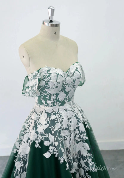 Romantic Emerald Green Wedding Dress with Off-Shoulder Lace Appliqués, Sweetheart Neckline & Chapel Train – FW236-wedding dresses 2025 -Viniodress-Emerald-Custom Size-