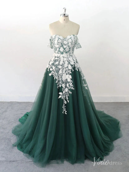 Romantic Emerald Green Wedding Dress with Off-Shoulder Lace Appliqués, Sweetheart Neckline & Chapel Train – FW236-wedding dresses 2025 -Viniodress-Emerald-Custom Size-