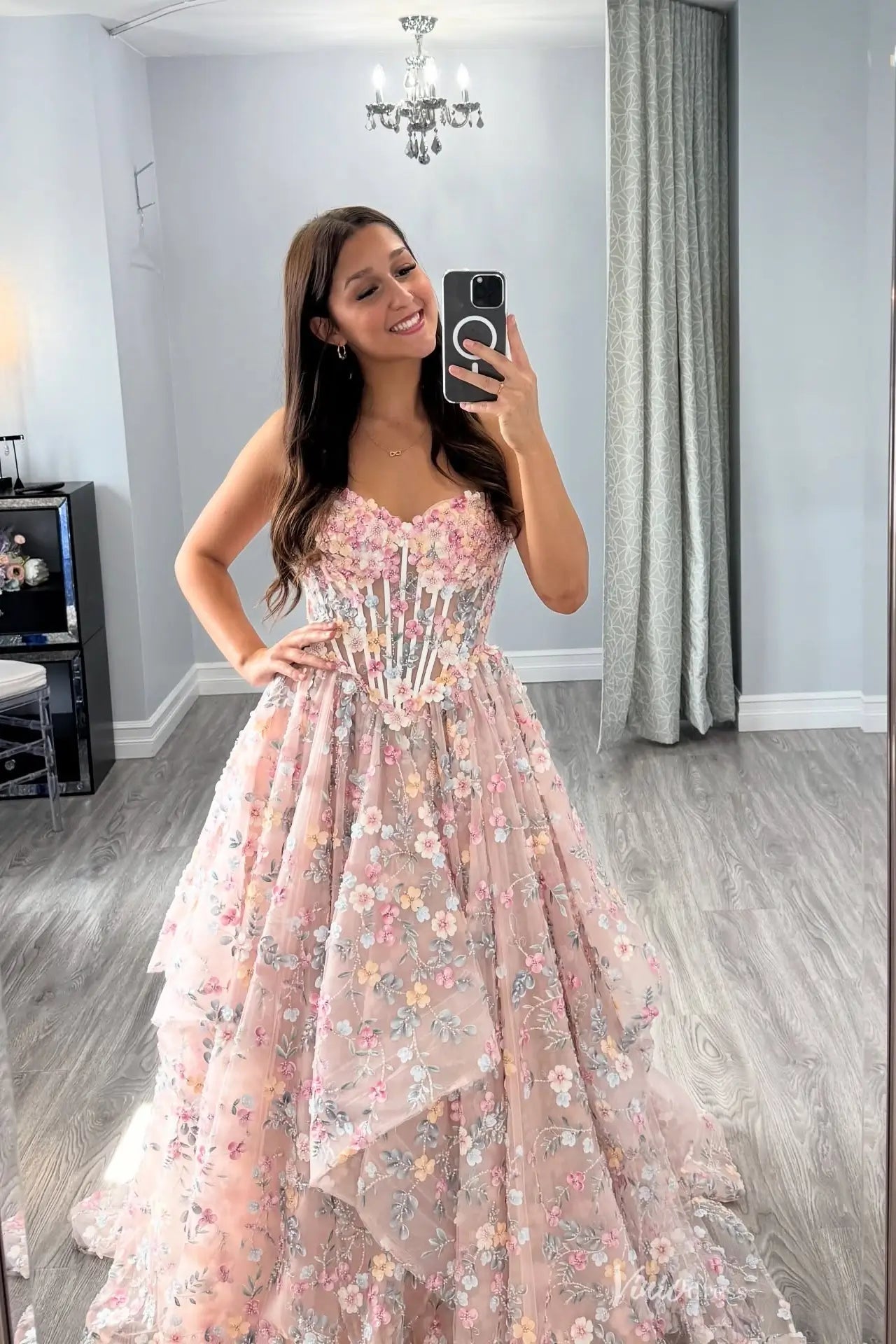 Romantic Floral Applique Wedding Dress with Sheer Corset Bodice, Tiered Skirt & Sweetheart Neckline – FW262-wedding dresses 2026-Viniodress-Pink-Custom Size – Add Measurements in Cart-