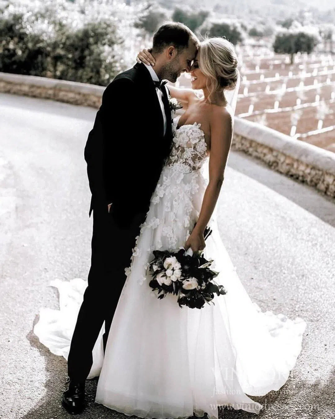Romantic Floral Boho Wedding Dresses Strapless Beach Wedding Gown VW1210-wedding dresses 2025 -Viniodress-Ivory-Custom Size-