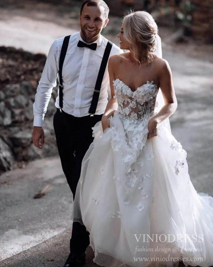 Romantic Floral Boho Wedding Dresses Strapless Beach Wedding Gown VW1210-wedding dresses 2025 -Viniodress-Ivory-Custom Size-