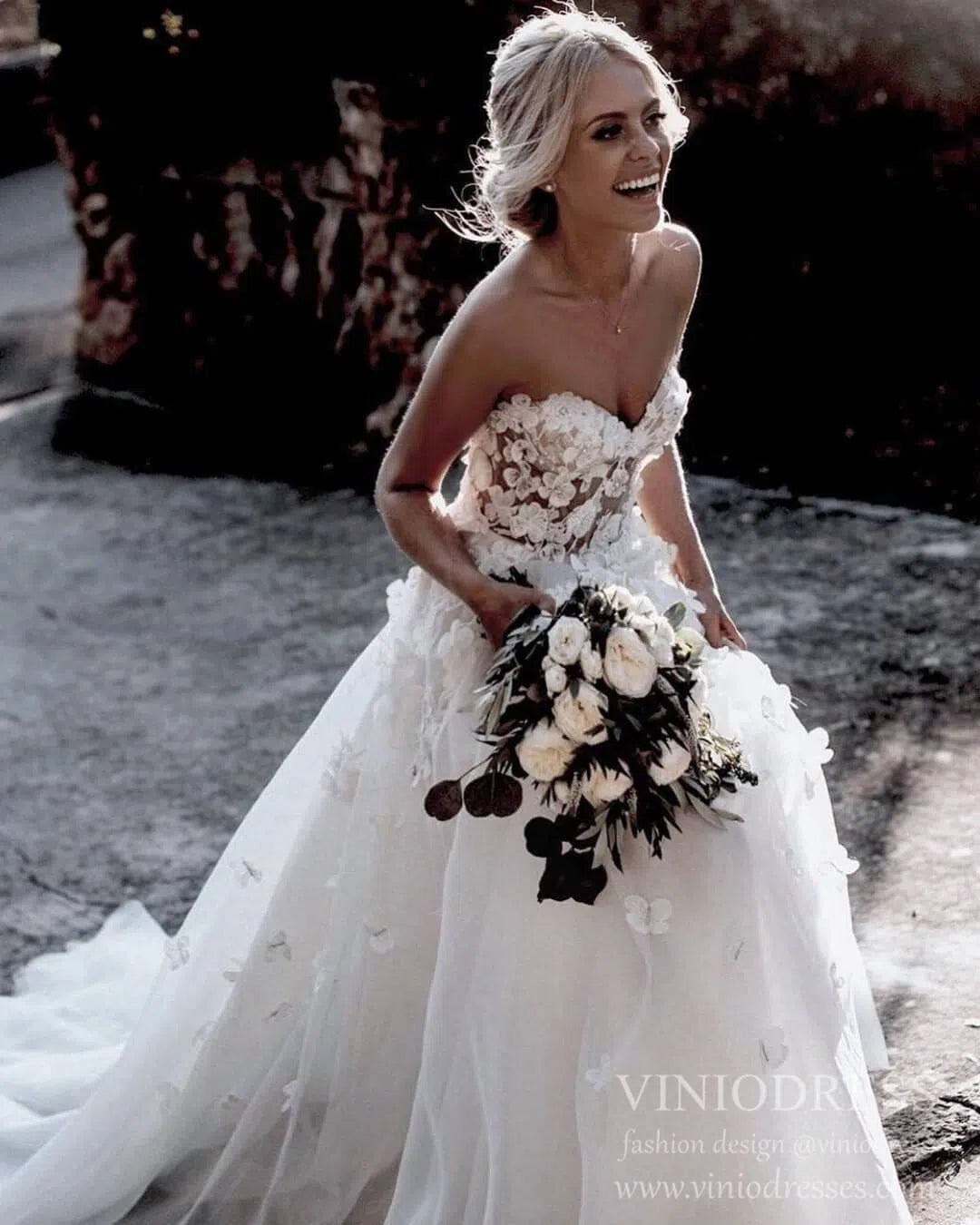 Romantic Floral Boho Wedding Dresses Strapless Beach Wedding Gown VW1210-wedding dresses-Viniodress-Viniodress