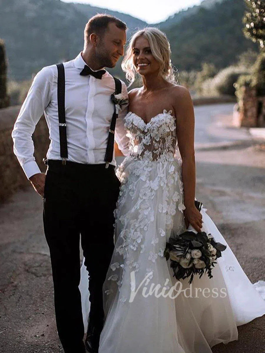 Romantic Floral Boho Wedding Dresses Strapless Beach Wedding Gown VW1210-wedding dresses-Viniodress-Viniodress