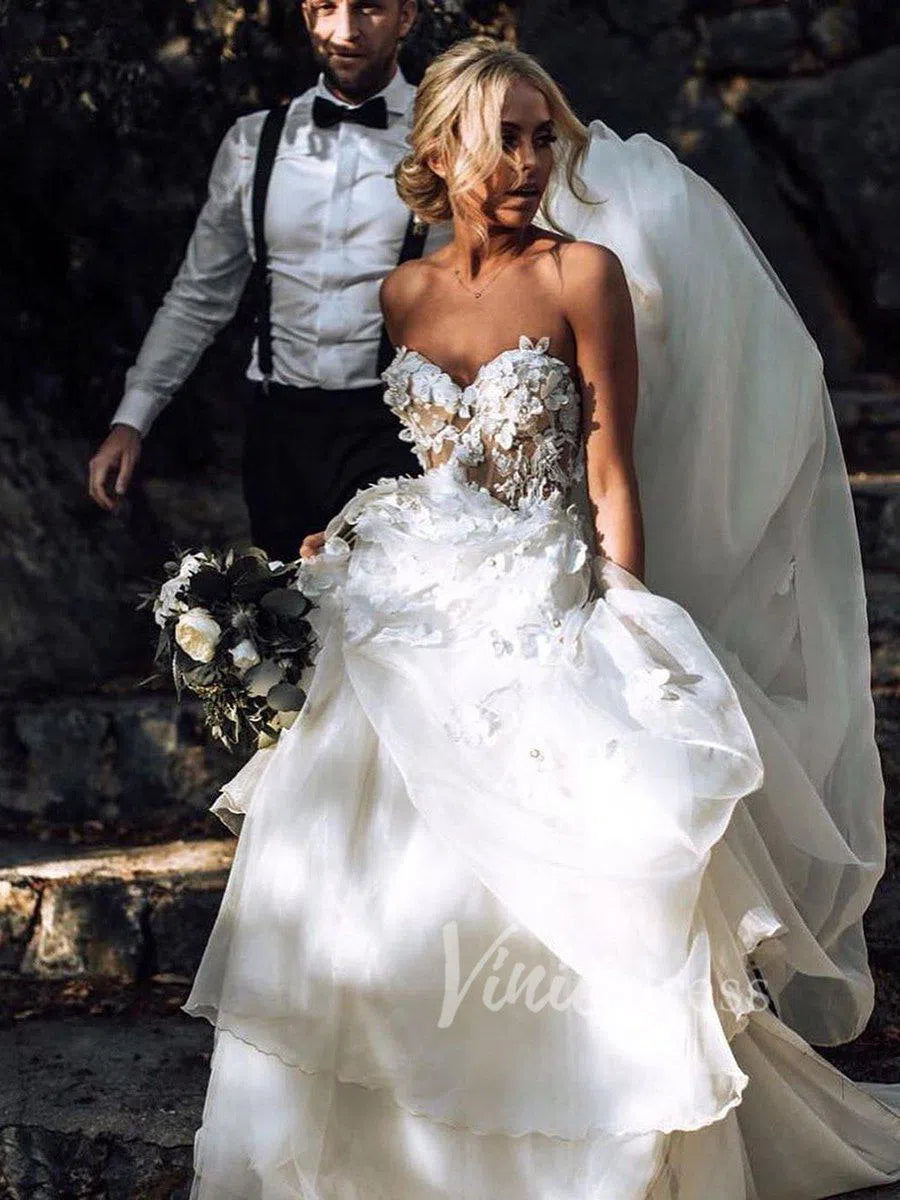 Romantic Floral Boho Wedding Dresses Strapless Beach Wedding Gown VW1210-wedding dresses-Viniodress-Viniodress