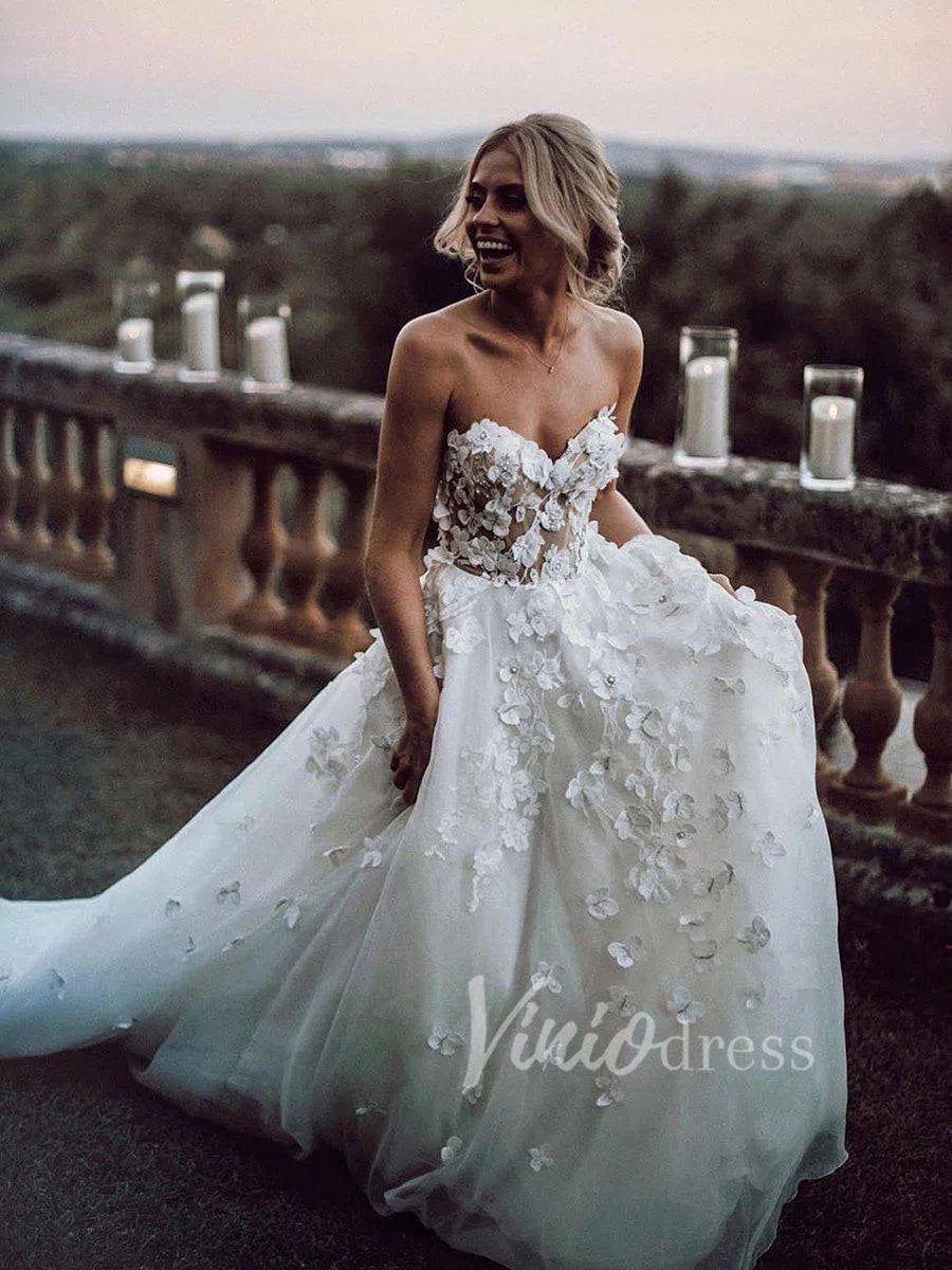 Romantic Floral Boho Wedding Dresses Strapless Beach Wedding Gown VW1210-wedding dresses-Viniodress-Ivory-Custom Size-Viniodress