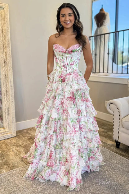 Romantic Floral Corset Prom Dresses with Tiered Ruffle Skirt Sweetheart Neckline RF055-prom dresses 2026-Viniodress-Pink-Custom Size – Add Measurements in Cart-