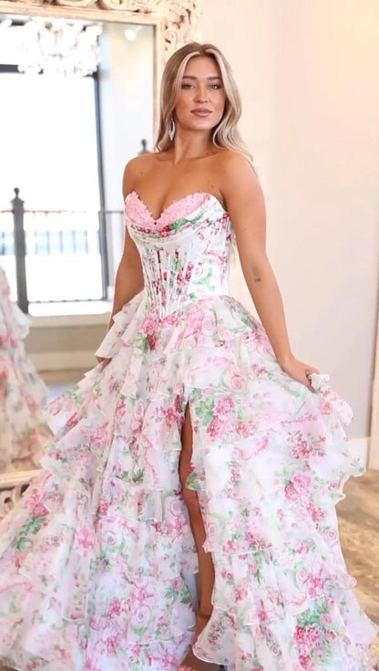 Romantic Floral Corset Prom Dresses with Tiered Ruffle Skirt Sweetheart Neckline RF055-prom dresses 2026-Viniodress-Pink-Custom Size – Add Measurements in Cart-