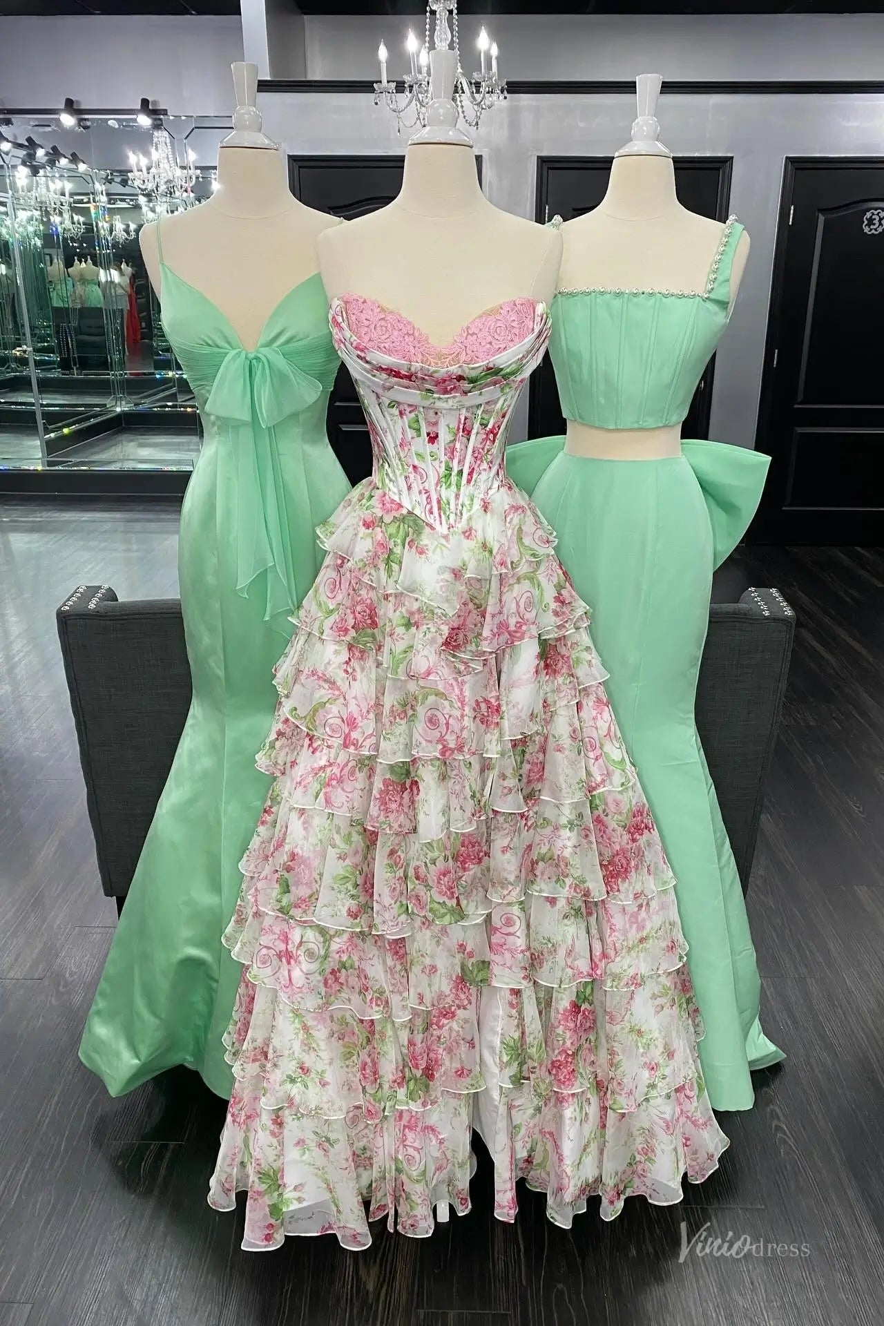 Romantic Floral Corset Prom Dresses with Tiered Ruffle Skirt Sweetheart Neckline RF055-prom dresses 2026-Viniodress-Pink-Custom Size – Add Measurements in Cart-