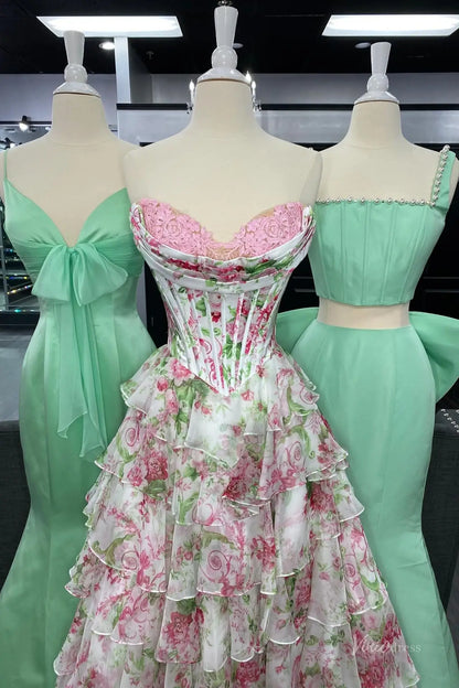 Romantic Floral Corset Prom Dresses with Tiered Ruffle Skirt Sweetheart Neckline RF055-prom dresses 2026-Viniodress-Pink-Custom Size – Add Measurements in Cart-