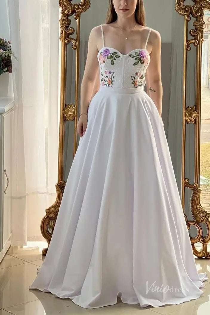 Romantic Floral Embroidered A-Line Wedding Dress with Sweetheart Bustier, Spaghetti Straps & Flowing Chapel Train – FW253-wedding dresses 2025 -Viniodress-White-Custom Size-