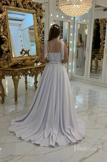 Romantic Floral Embroidered A-Line Wedding Dress with Sweetheart Bustier, Spaghetti Straps & Flowing Chapel Train – FW253-wedding dresses 2025 -Viniodress-White-Custom Size-