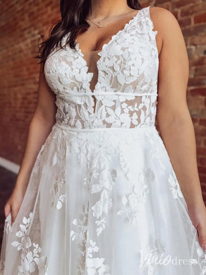 Romantic Floral Lace A-Line Wedding Dress with Plunging V-Neck and Chapel Train – LA120-wedding dresses 2025 -Viniodress-Ivory-Custom Size-