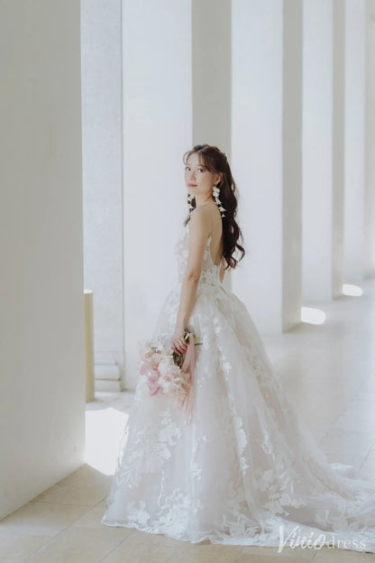 Romantic Floral Lace A-Line Wedding Dress with Sheer Bodice & Chapel Train – VW2505-wedding dresses 2025 -Viniodress-White-Custom Size-