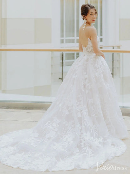 Romantic Floral Lace A-Line Wedding Dress with Sheer Bodice & Chapel Train – VW2505-wedding dresses 2025 -Viniodress-White-Custom Size-