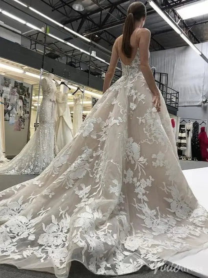 Romantic Floral Lace A-Line Wedding Dress with Sheer Bodice & Chapel Train – VW2505-wedding dresses 2025 -Viniodress-White-Custom Size-