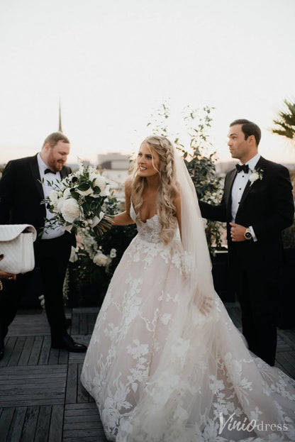 Romantic Floral Lace A-Line Wedding Dress with Sheer Bodice & Chapel Train – VW2505-wedding dresses 2025 -Viniodress-White-Custom Size-