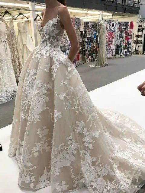 Romantic Floral Lace A-Line Wedding Dress with Sheer Bodice & Chapel Train – VW2505-wedding dresses 2025 -Viniodress-White-Custom Size-