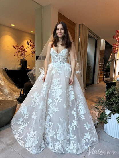 Romantic Floral Lace A-Line Wedding Dress with Sheer Bodice & Chapel Train – VW2505-wedding dresses 2025 -Viniodress-White-Custom Size-