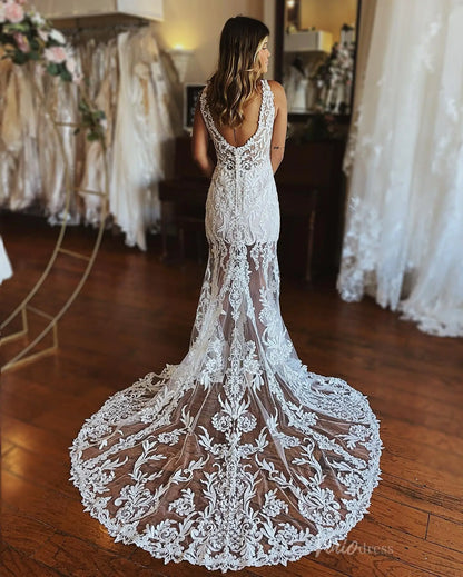 Romantic Floral Lace Mermaid Wedding Dress with Plunging V Neckline & Sheer Chapel Train – BH108-wedding dresses 2025 -Viniodress-Ivory-Custom Size-