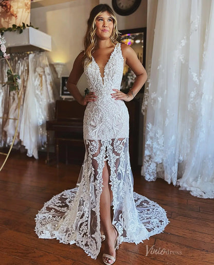 Romantic Floral Lace Mermaid Wedding Dress with Plunging V Neckline & Sheer Chapel Train – BH108-wedding dresses 2025 -Viniodress-Ivory-Custom Size-