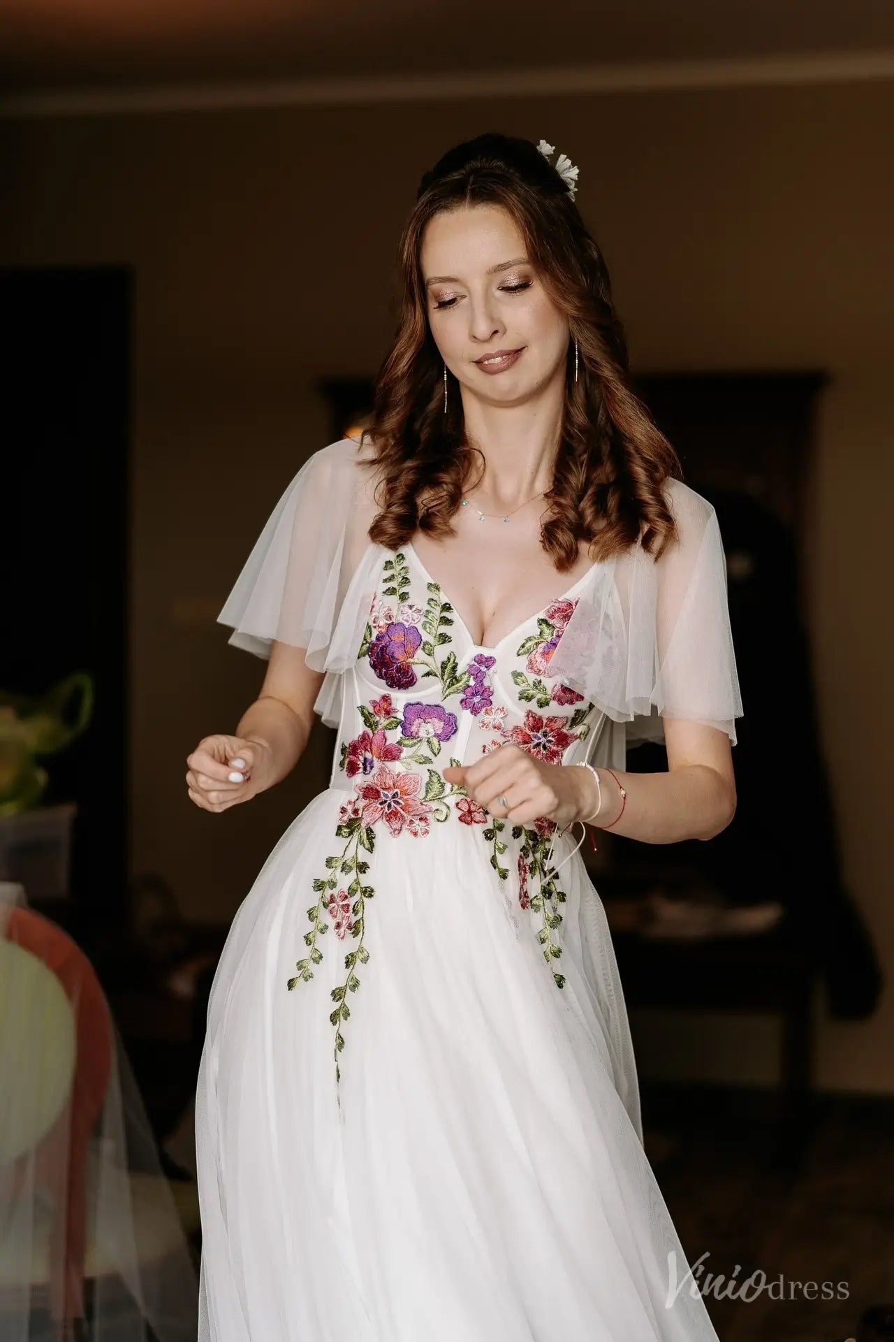 Romantic Floral Lace Wedding Dress | Garden-Inspired Embroidered A-Line Bridal Gown FW214-wedding dresses 2025 -Viniodress-Ivory-Custom Size-Dress Only