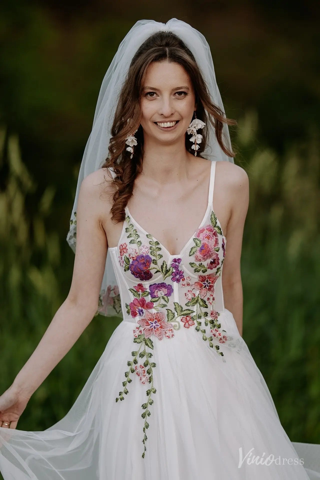 Romantic Floral Lace Wedding Dress | Garden-Inspired Embroidered A-Line Bridal Gown FW214-wedding dresses 2025 -Viniodress-Ivory-Custom Size-Dress Only