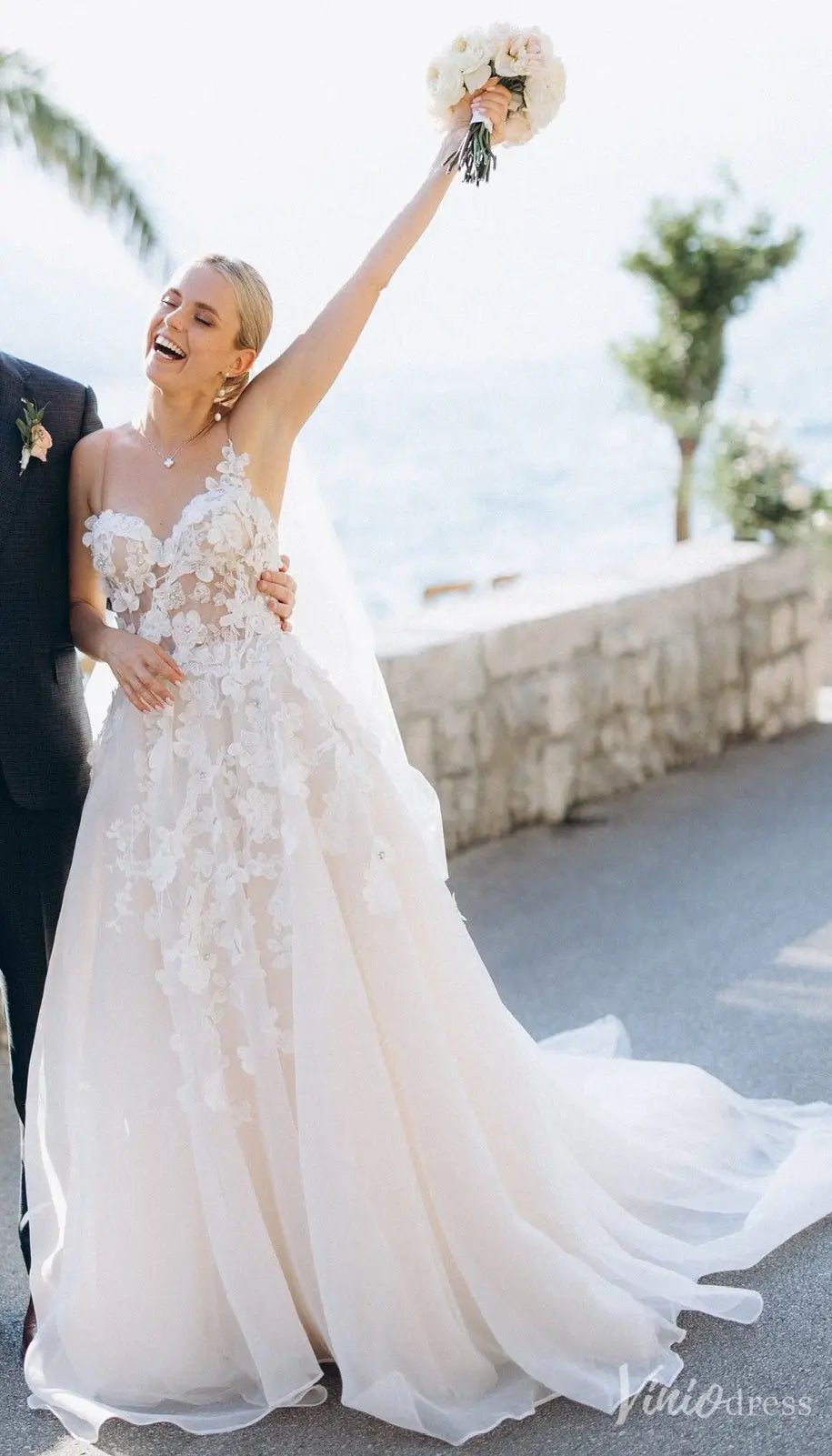 Romantic Floral Lace Wedding Dress with Illusion Bodice & Spaghetti Straps – VW2523-wedding dresses 2025 -Viniodress-Ivory-Custom Size-