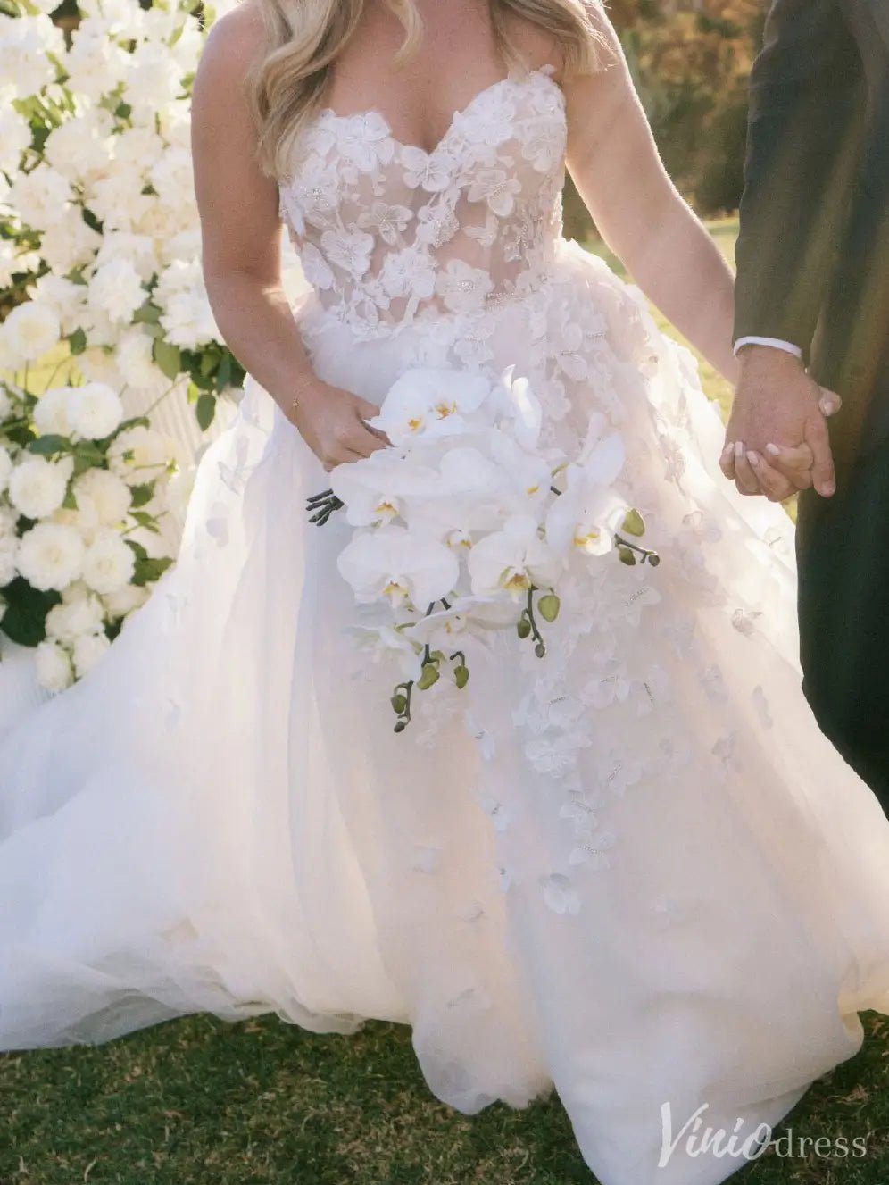 Romantic Floral Lace Wedding Dress with Illusion Bodice & Spaghetti Straps – VW2523-wedding dresses 2025 -Viniodress-Ivory-Custom Size-