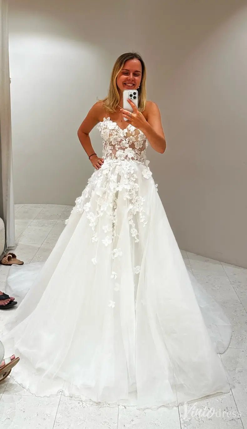 Romantic Floral Lace Wedding Dress with Illusion Bodice & Spaghetti Straps – VW2523-wedding dresses 2025 -Viniodress-Ivory-Custom Size-