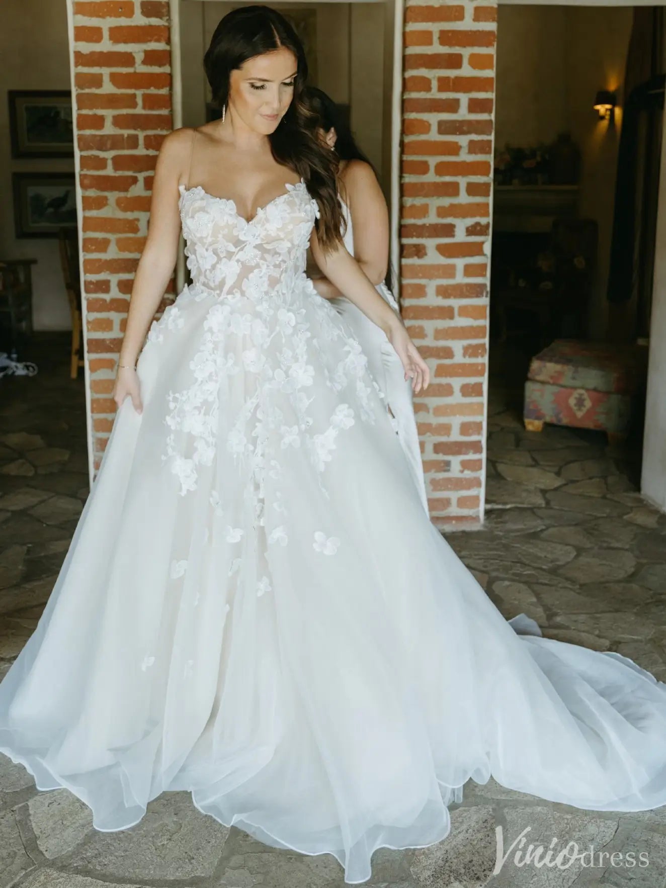 Romantic Floral Lace Wedding Dress with Illusion Bodice & Spaghetti Straps – VW2523-wedding dresses 2025 -Viniodress-Ivory-Custom Size-