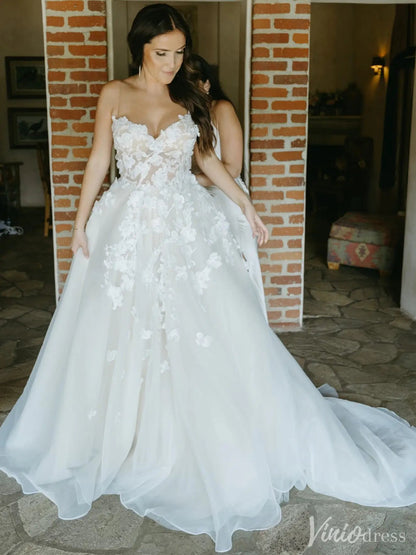 Romantic Floral Lace Wedding Dress with Illusion Bodice & Spaghetti Straps – VW2523-wedding dresses 2025 -Viniodress-Ivory-Custom Size-