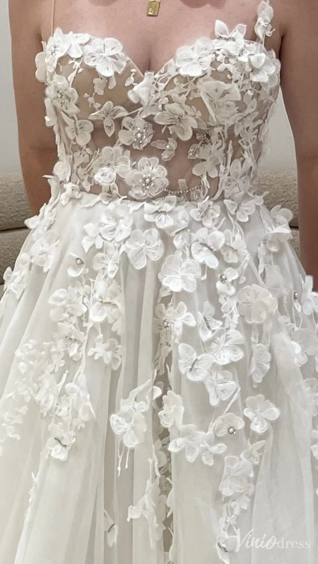 Romantic Floral Lace Wedding Dress with Illusion Bodice & Spaghetti Straps – VW2523-wedding dresses 2025 -Viniodress-Ivory-Custom Size-