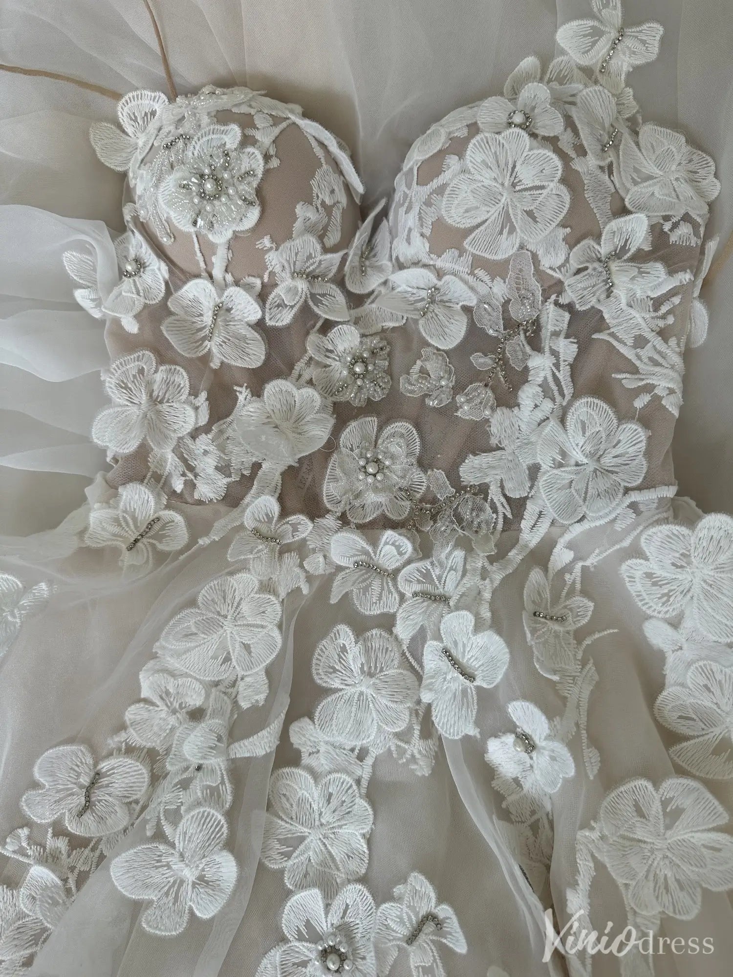 Romantic Floral Lace Wedding Dress with Illusion Bodice & Spaghetti Straps – VW2523-wedding dresses 2025 -Viniodress-Ivory-Custom Size-