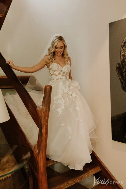 Romantic Floral Lace Wedding Dress with Illusion Bodice & Spaghetti Straps – VW2523-wedding dresses 2025 -Viniodress-Ivory-Custom Size-