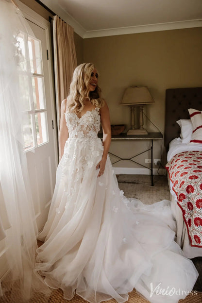 Romantic Floral Lace Wedding Dress with Illusion Bodice & Spaghetti Straps – VW2523-wedding dresses 2025 -Viniodress-Ivory-Custom Size-